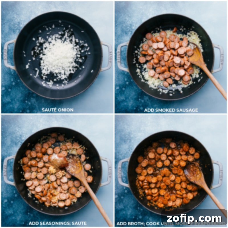 Process shots showing onion, sausage, seasonings, and broth being added to the skillet for Sausage and Rice
