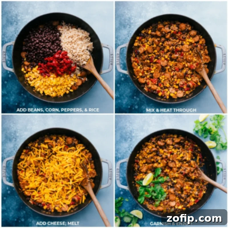 Process of Sausage and Rice meal showing beans, corn, peppers, rice, and cheese being added