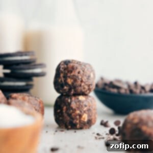 Delicious Cookies & Cream Energy Bites stacked, showcasing their inviting texture and ready to be enjoyed.