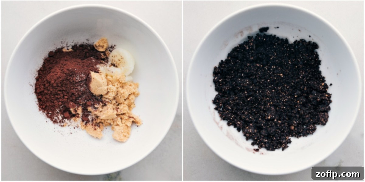 The process of combining oat flour, Dutch-process cocoa, sugar, coconut oil, and salt in a bowl to create the healthy, homemade 'Oreo' crumbs for the energy bites.