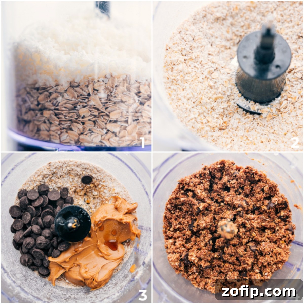 All the base ingredients, including oats, coconut, peanut butter, maple syrup, vanilla, and chocolate chips, being added to a food processor and thoroughly blended to create the energy bite mixture.