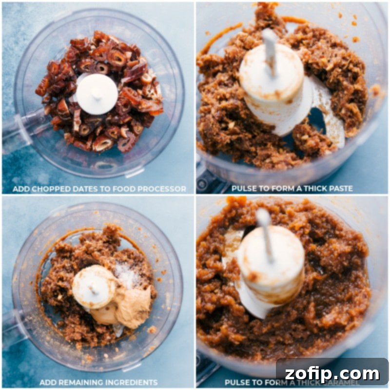 Process shot showing pitted dates being chopped in a food processor, a crucial step for making the date caramel filling for healthy chocolate-covered caramels.