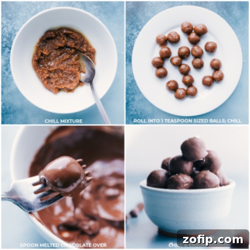 Process shots showing how to roll the date mixture into small balls and then dip them into melted dark chocolate, preparing Healthy Chocolate-Covered Date Caramels.