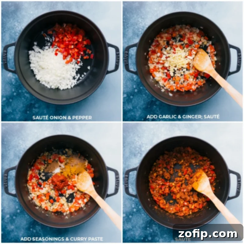 Process shots showing sautéed vegetables, garlic, ginger, spices, and curry paste being added to a pot.