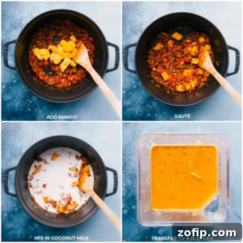 Process shots showing mango being added and sautéed, then coconut milk being added, followed by transferring the sauce to a blender.