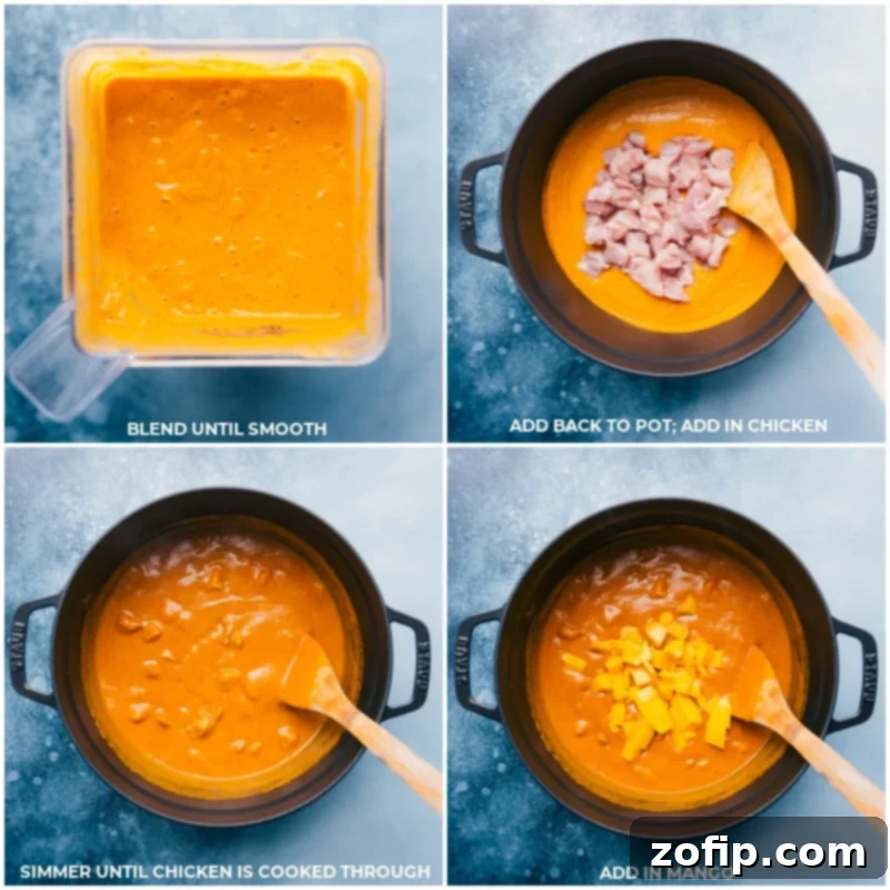 Process shots showing the blended curry sauce returning to the pot, chicken being added and simmered, and the final mango chunks stirred in.