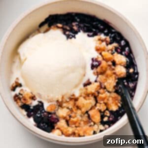 Closeup of a freshly baked blueberry cobbler, golden and bubbling, showcasing its delicious topping.