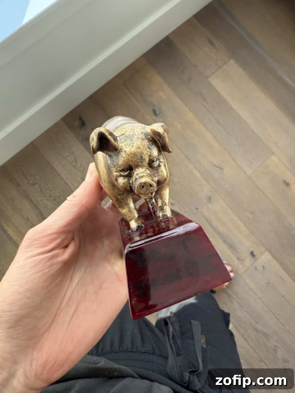 A small, gleaming bronze pig trophy, symbolizing culinary victory at the neighborhood cook-off.