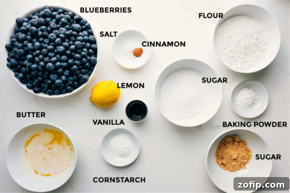 All the fresh ingredients meticulously prepped for easy assembly: vibrant blueberries, a lemon for zesting, brown and granulated sugar, baking powder, cornstarch, vanilla extract, cinnamon, and cubes of unsalted butter.