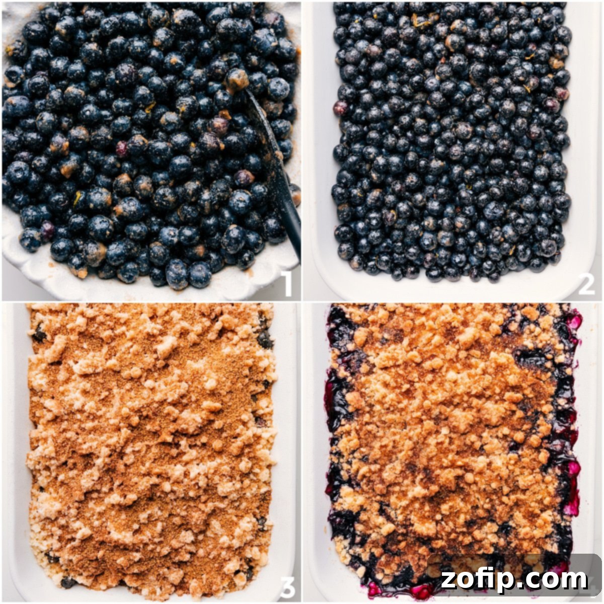 A step-by-step visual of making blueberry cobbler: fresh blueberries tossed with spices in a baking dish, then covered with the golden crumble topping, ready for baking.