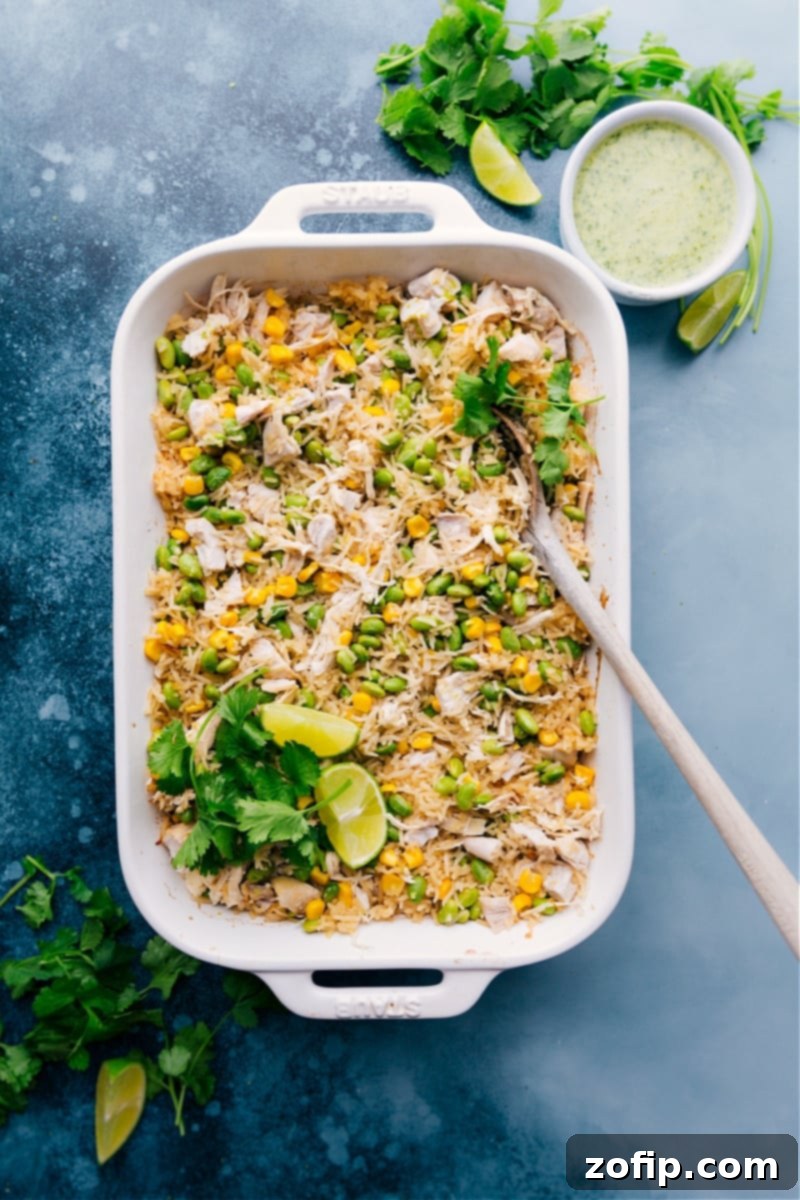 Coconut Chicken and Rice in a casserole dish garnished with fresh cilantro and lime wedges, showcasing its creamy texture and vibrant colors.