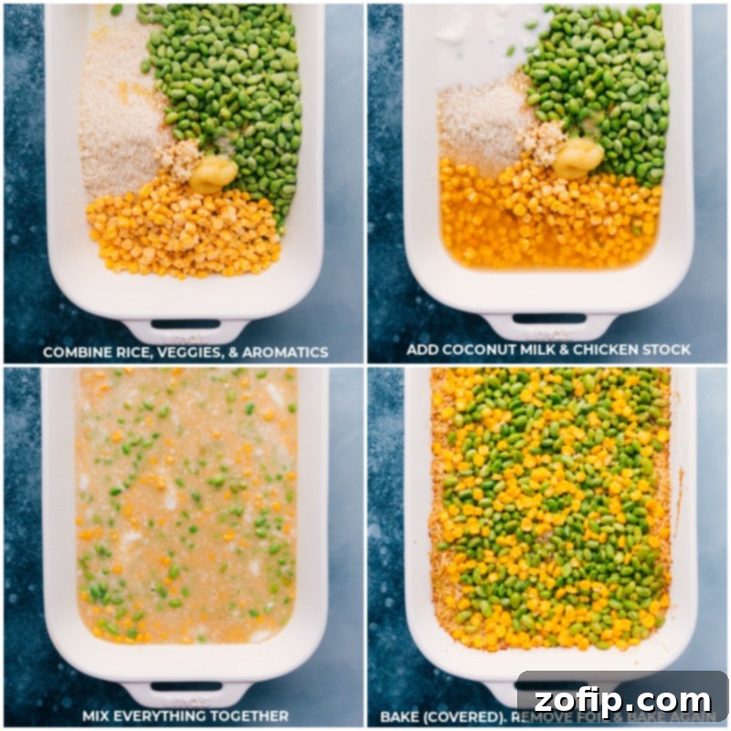 A step-by-step visual guide showing the initial four stages of preparing Coconut Chicken and Rice: 1. Combining rice, vegetables, and aromatic spices in a baking dish. 2. Pouring in coconut milk and chicken stock. 3. Thoroughly mixing all ingredients. 4. Baking the dish, first covered with foil, then uncovered to finish cooking.