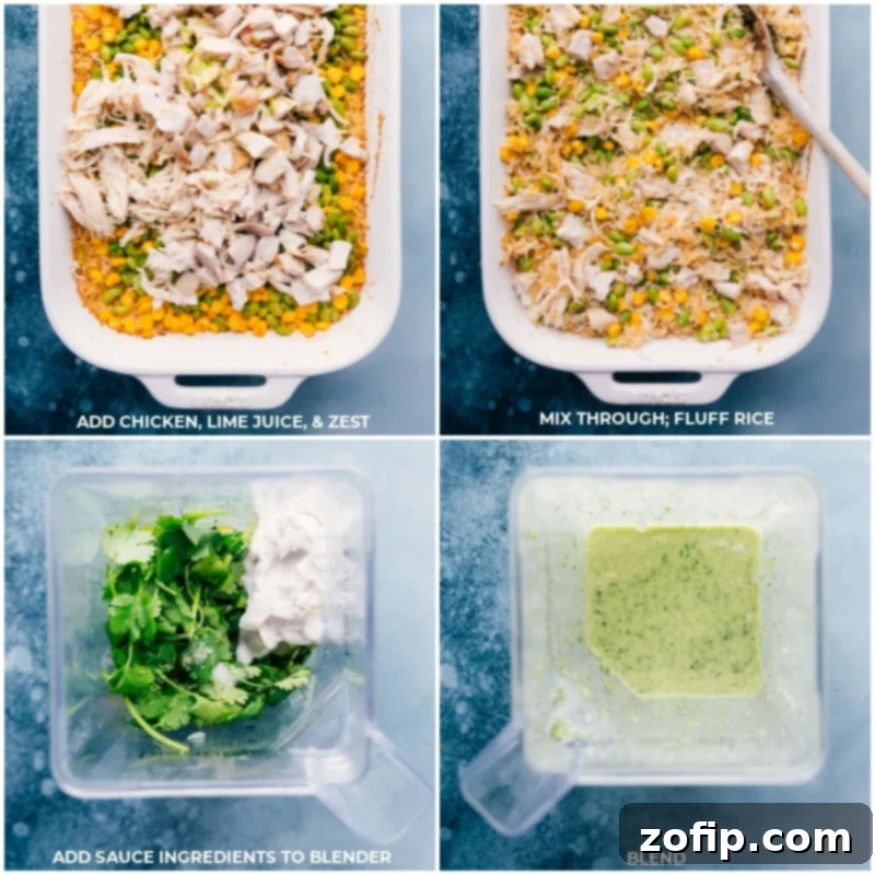 A visual sequence demonstrating steps five through eight of the recipe: 5. Adding cooked chicken, fresh lime juice, and zest to the rice. 6. Gently mixing and fluffing the rice. 7. Combining sauce ingredients in a blender. 8. Blending the sauce until smooth.