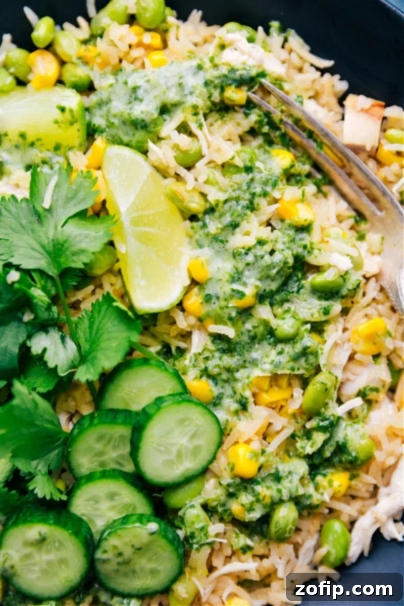 A close-up view of the Coconut Chicken and Rice dish, highlighting the generous drizzle of the creamy cilantro-lime sauce on top, adding a fresh and vibrant finish.