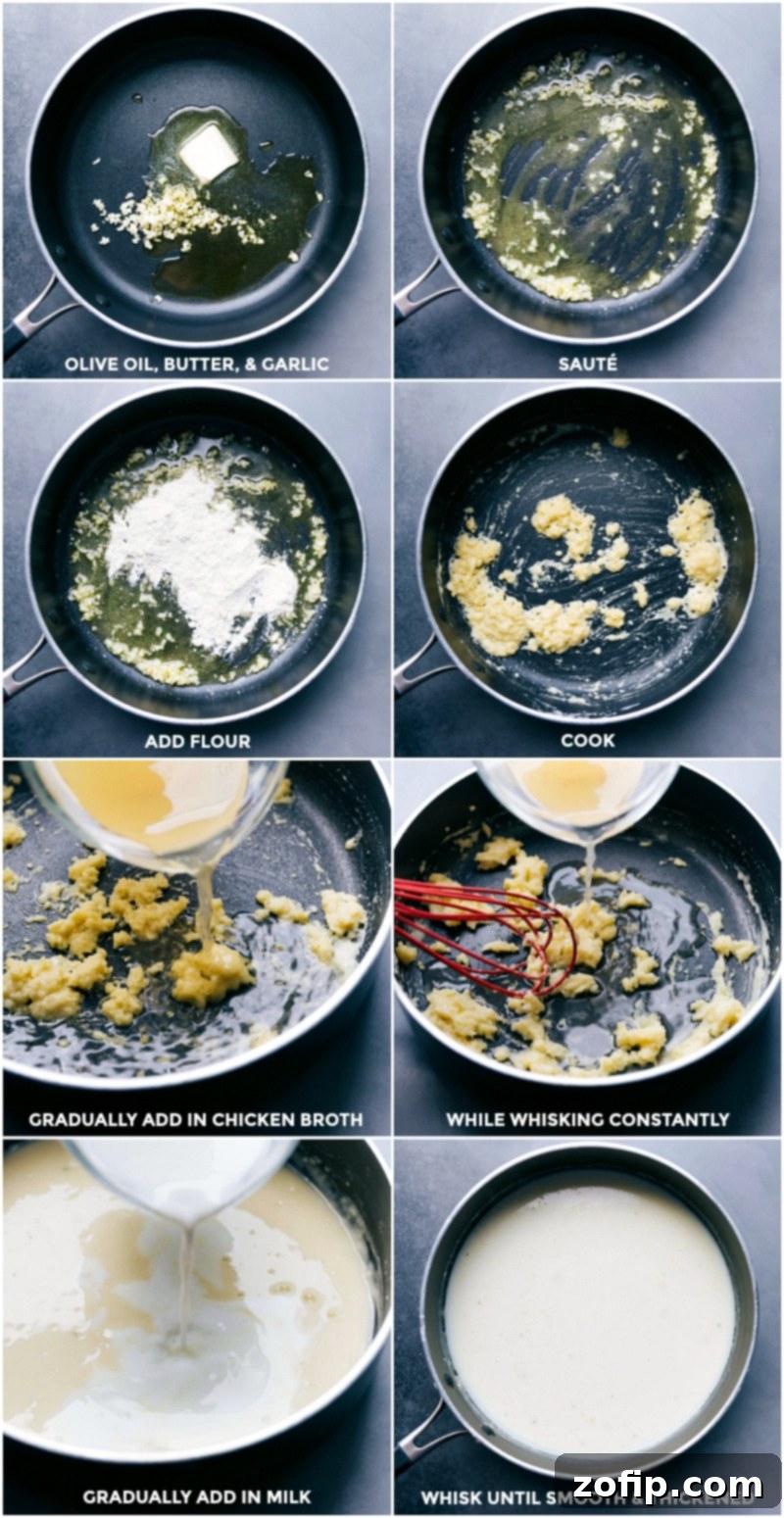 The alfredo sauce being made for the chicken alfredo recipe by first heating olive oil, butter and garlic; adding flour and cooking; gradually adding chicken broth; whisking in milk; whisking until smooth and thickened.