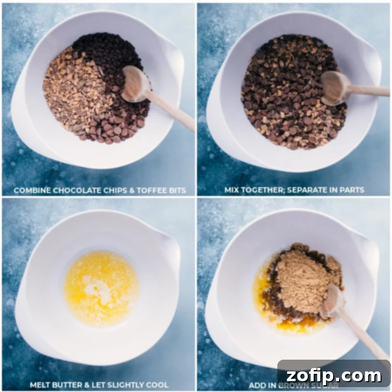 Process shots showing chocolate chips being mixed and set aside, followed by melted butter and brown sugar being creamed for the cookie dough base.