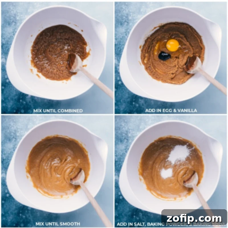 Process shots showing the addition of egg, vanilla, salt, baking powder, and baking soda to the wet cookie dough ingredients and mixing them thoroughly.