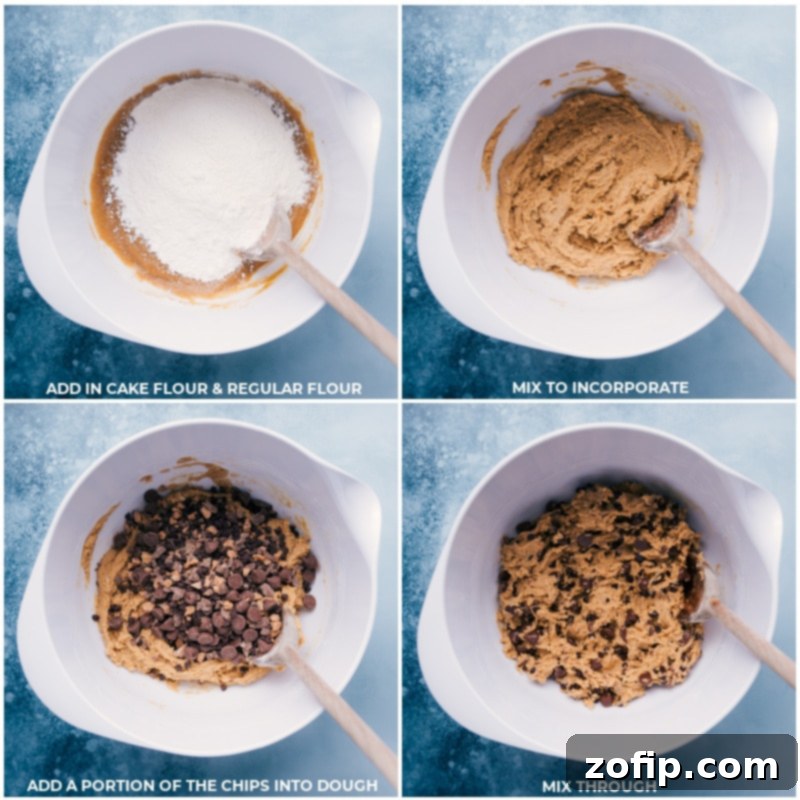 Process shots depicting cake flour, all-purpose flour, and the prepared chocolate chip mixture being added to the cookie dough and gently mixed.