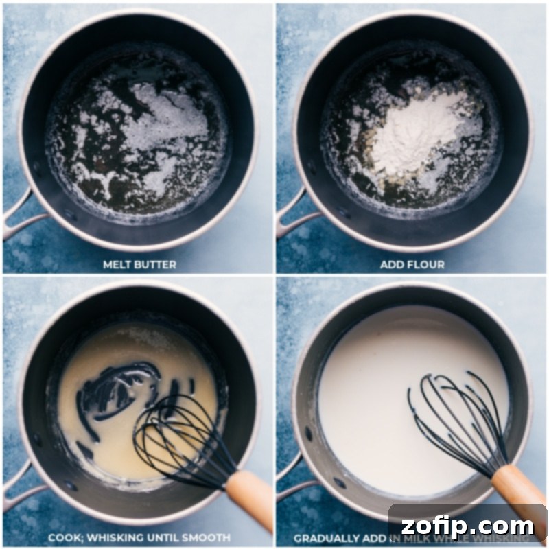 Crafting the Creamy Base for Ham and Potato Pot Pie A close-up view of a whisk actively blending melted butter and flour in a medium-sized pot, with milk being slowly poured in to create a smooth, creamy béchamel sauce, which will form the base of the ham and potato pot pie.