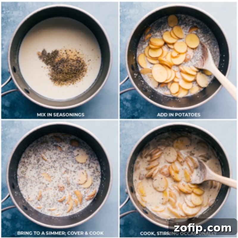 Preparing the Creamy Potato Base for Ham and Potato Pot Pie Thinly sliced potatoes are gently stirred into a rich, creamy sauce infused with herbs and spices, simmering in a pot until tender and perfectly coated, forming the savory potato base for the ham and potato pot pie.