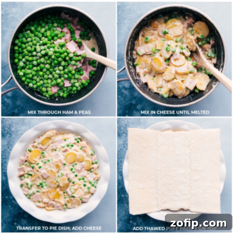 Assembling the Ham, Peas, And Potato Pot Pie Recipe The step-by-step assembly of Ham and Potato Pot Pie: first, mixing ham and peas into the creamy potato mixture in a pot; then, transferring the rich filling into a round pie dish; and finally, carefully draping a thawed sheet of puff pastry over the top, ready for baking.
