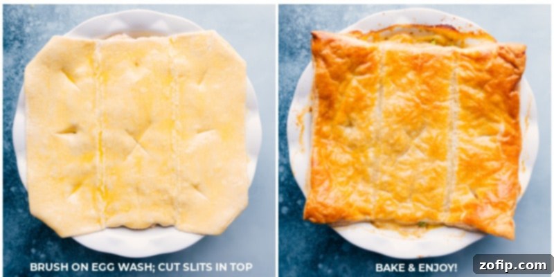 Ham and Potato Pot Pie Baking Process A visual comparison of Ham and Potato Pot Pie before and after baking, showcasing the transformation from raw ingredients to a golden-brown, bubbly, and perfectly cooked comforting meal.