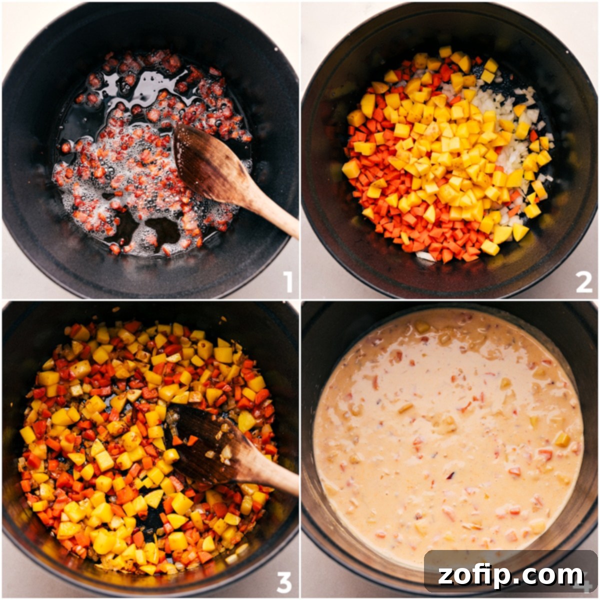 The cooking process for corn chowder pot pie: Bacon crisps, then vegetables soften in the rendered fat. Butter and flour create a roux, followed by milk, thickening into a creamy sauce. Seasoning is added for flavor before combining with other ingredients.