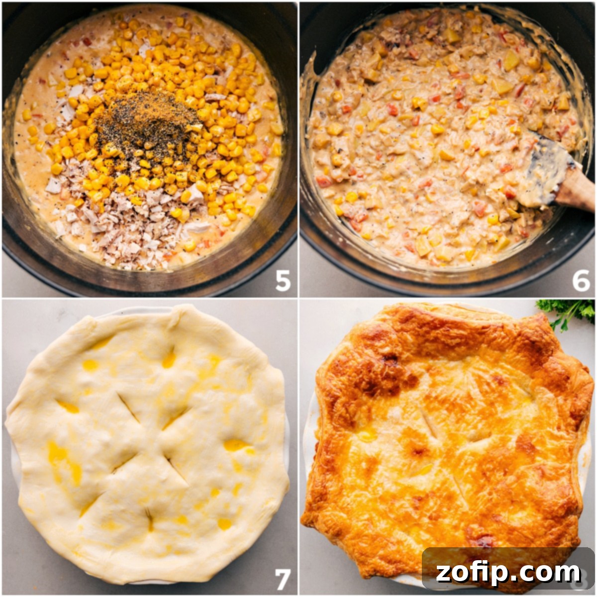 The assembled Corn Chowder Pot Pie, with its creamy filling of corn, chicken, cheese, and bacon poured into a pie dish, topped with puff pastry, brushed with egg wash, and scored with vents, ready for baking.