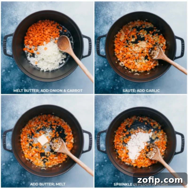 Watch the Broccoli Cheddar Pot Pie come to life as tender vegetables are sautéed and a rich, creamy sauce is prepared. Recipe via ChelseasMessyApron #dinner #quick #easy #simple #comfortfood #best #kidfriendly #familyfriendly #broccoli #cheddar #potpie Process shots showing vegetables being sautéed, followed by butter and flour being combined to create a roux for the creamy filling.