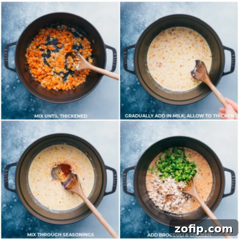 Layer by layer, witness the creation of the best ever Broccoli Cheddar Pot Pie, blending milk, spices, broccoli, and chicken into a delectable filling. Recipe via ChelseasMessyApron #dinner #quick #easy #simple #comfortfood #best #kidfriendly #familyfriendly #broccoli #cheddar #potpie Process shots demonstrating the addition of milk, seasonings, broccoli, and chicken to the pot, creating a rich and flavorful filling.