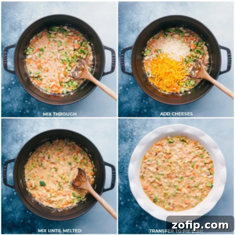 The final touches for the Broccoli Cheddar Pot Pie involve melting the cheeses into the rich filling and carefully transferring it to a pie dish before baking. Recipe via ChelseasMessyApron #dinner #quick #easy #simple #comfortfood #best #kidfriendly #familyfriendly #broccoli #cheddar #potpie Process shots illustrating the final steps: cheese being incorporated into the creamy filling, followed by the mixture being transferred into a pie dish.