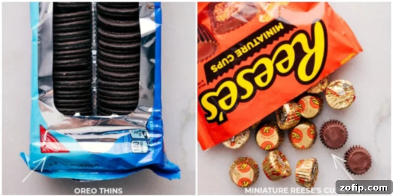 Ingredients for Halloween Bat Treats: A package of Reese's Miniature Cups and a package of Oreo Thins.