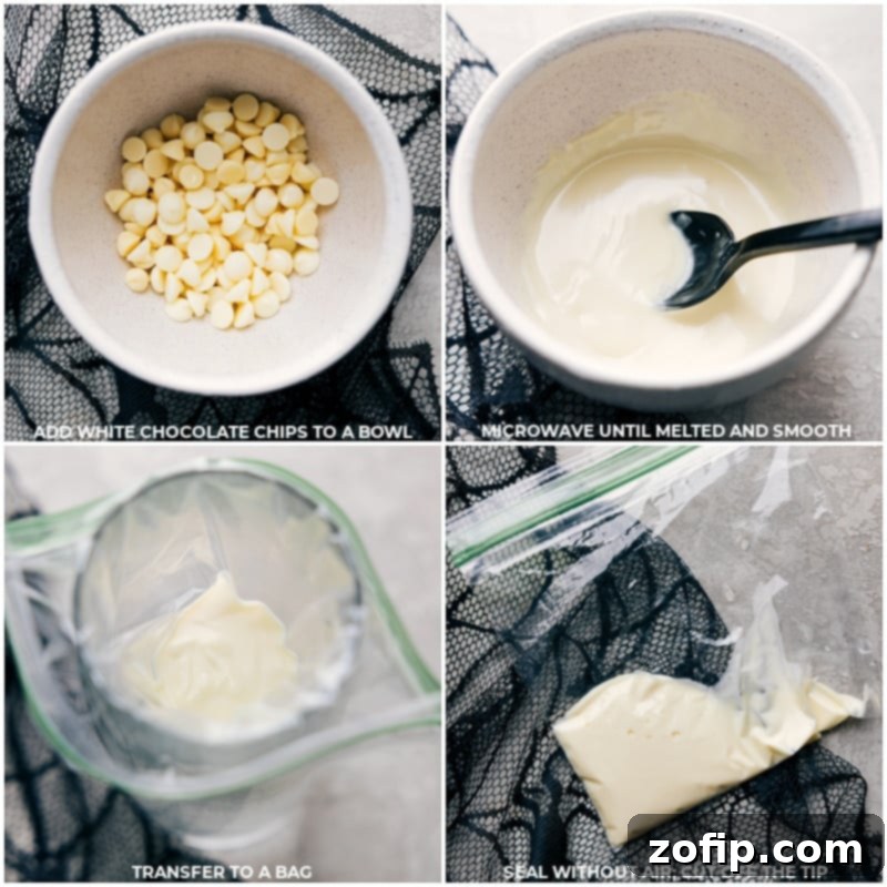 Process images showing white chocolate chips melting in a bowl and being transferred to a piping bag.