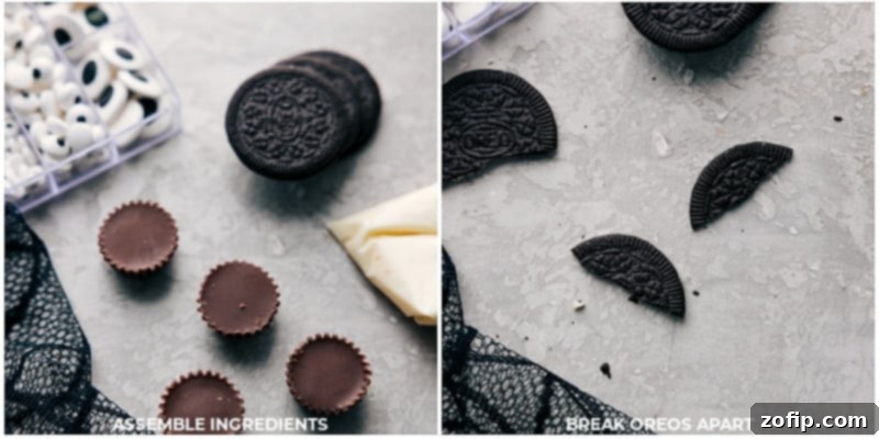 Process images showing Oreo Thins being carefully broken in half and Reese's Miniature Cups unwrapped.