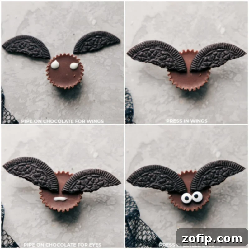 Process images showing Oreo halves being attached to Reese's Cups with white chocolate, followed by candy eyes.