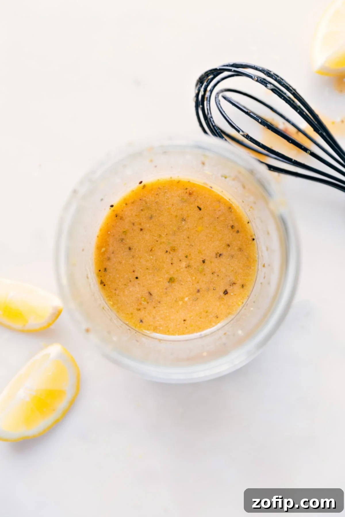 Freshly whisked Lemon Vinaigrette in a mason jar, ready to use.
