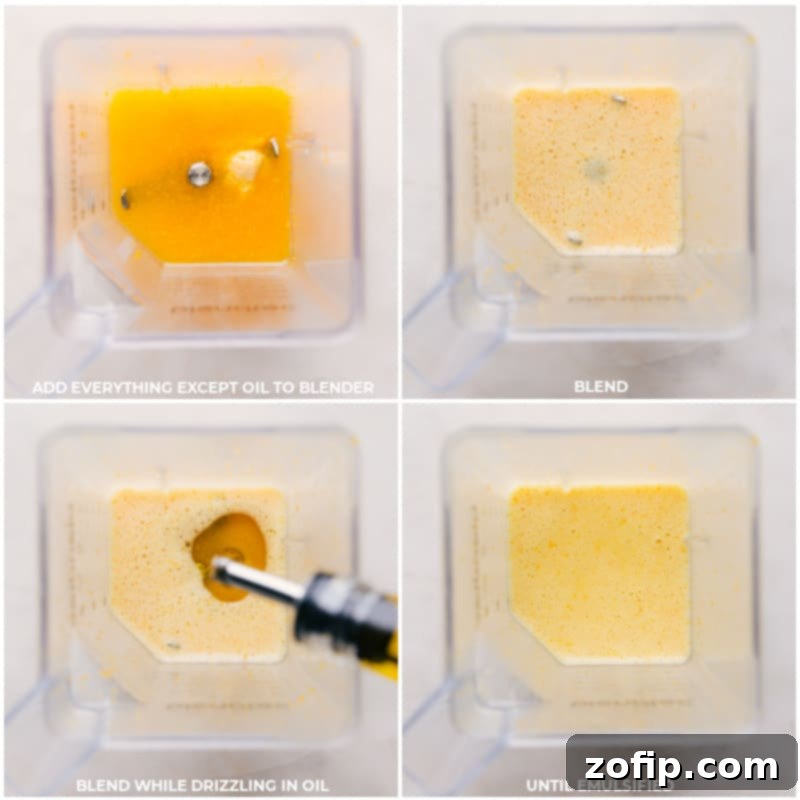 Step-by-Step Guide to Making Citrus Vinaigrette Process shots-- processing all the ingredients except oil in the blender and then drizzling in the oil