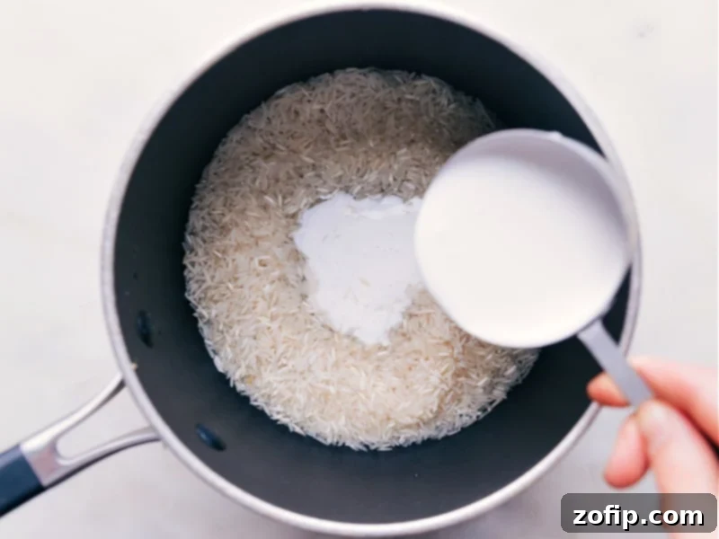 Coconut Rice is such a fun switch-up from typical rice -- it makes a great side dish or a fantastic base to so many dishes! It has a lovely, yet subtle, coconut flavor with a hint of freshness from the lime. Recipe via ChelseasMessyApron #dinner #side #best #quick #easy #simple #lime #kidfriendly #familyfriendly #coconut #rice Pouring rich, creamy full-fat coconut milk into a pot with Basmati rice.