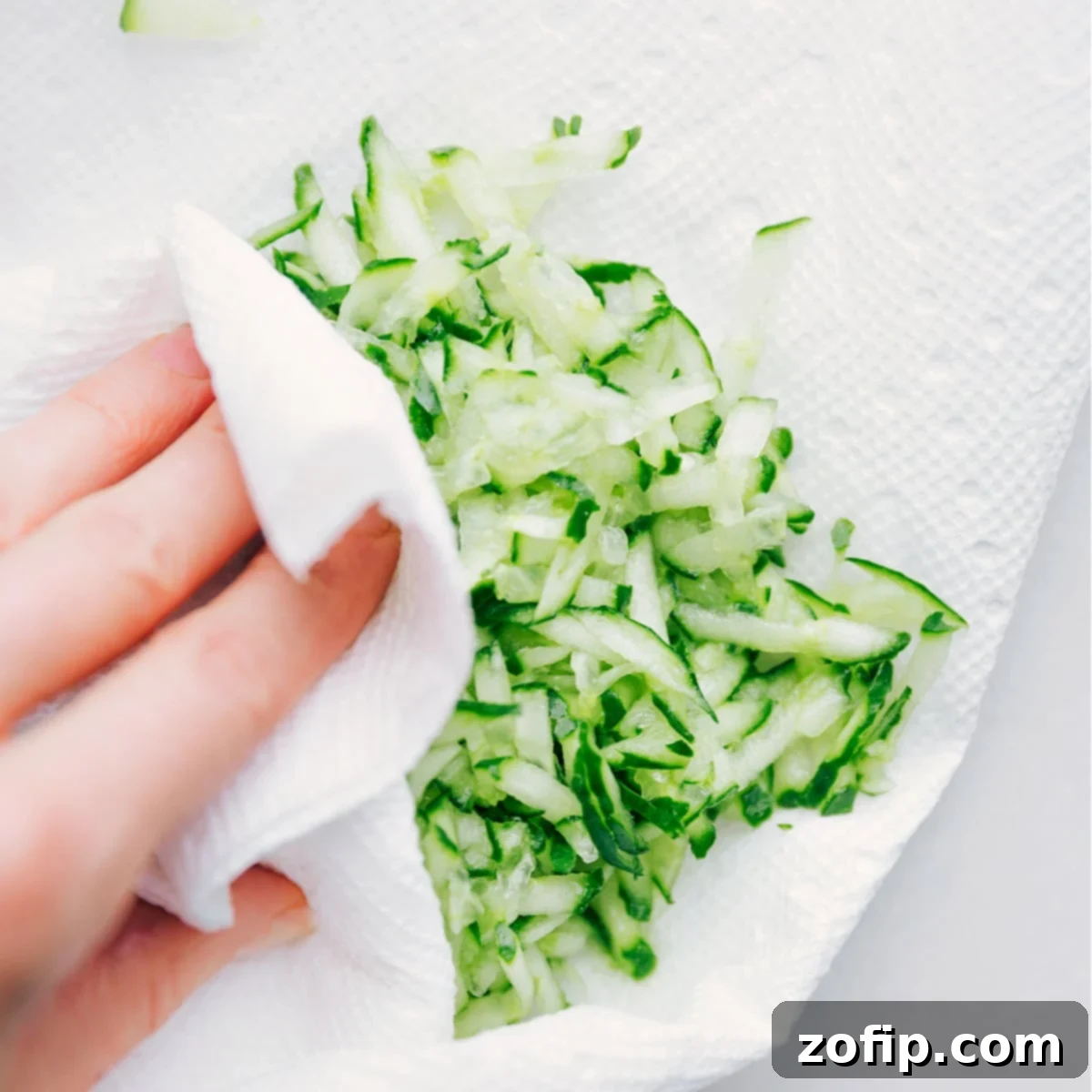 How To Make Tzatziki Sauce Close-up of hands pressing out excess liquid from grated cucumber using a kitchen towel, a vital step to ensure the tzatziki sauce remains thick and creamy.