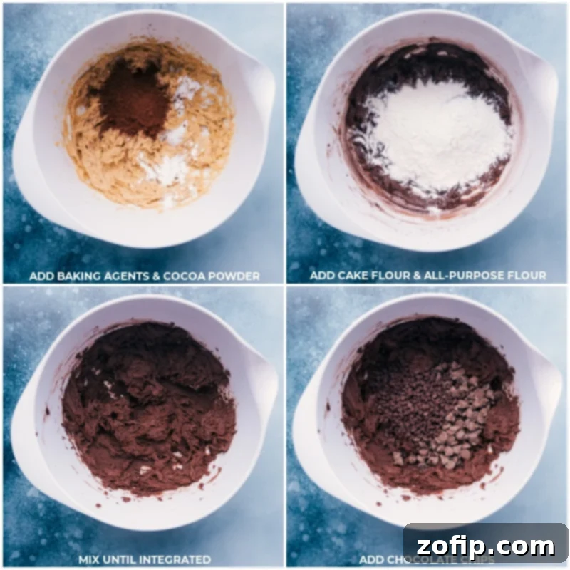 A series of process shots showing high-quality baking ingredients like Dutch-process cocoa powder, cake flour, various chocolate chips, and leavening agents being combined in a large mixing bowl.