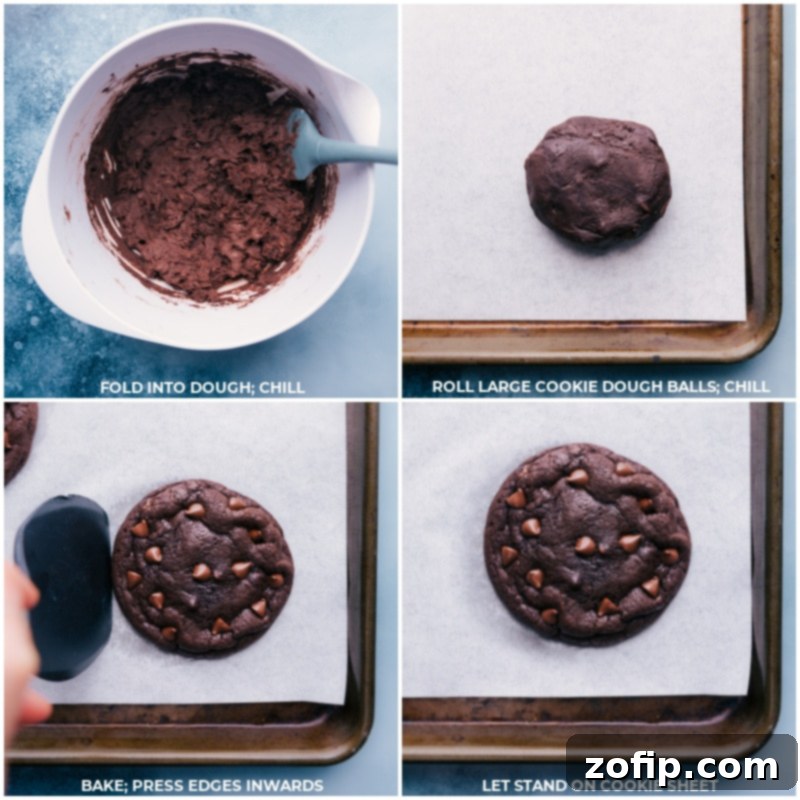 Process images showing large, perfectly shaped cookie dough balls ready for baking and freshly baked Bakery Style Chocolate Cookies cooling on a wire rack.