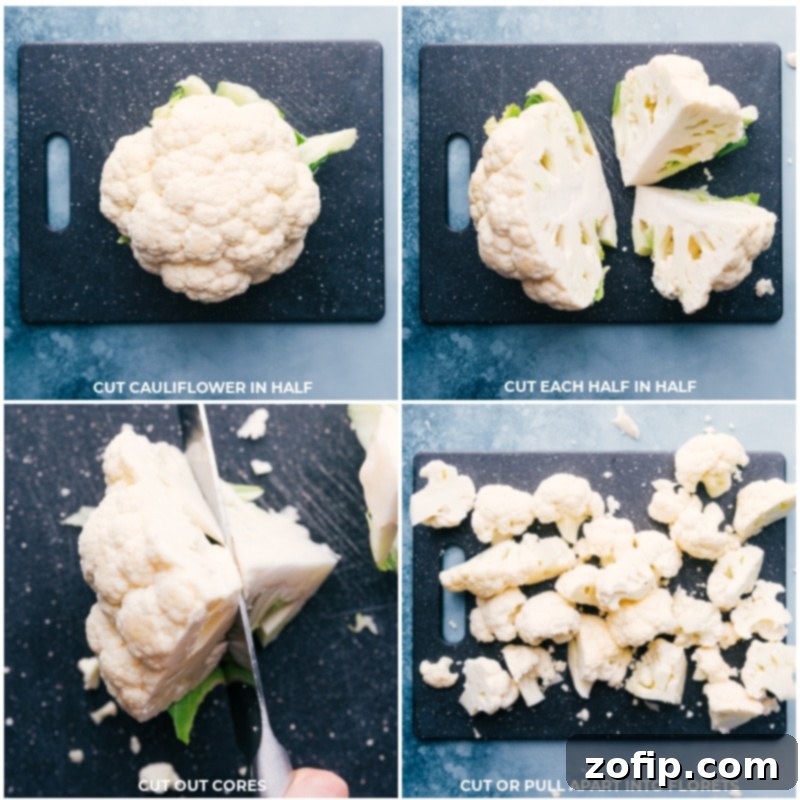 Step-by-step process of cutting cauliflower into florets