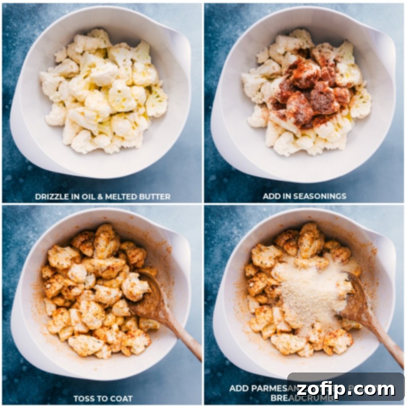 Process of seasoning cauliflower with oil and spices before roasting