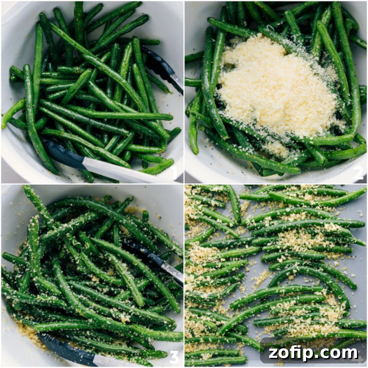How To Make Roasted Green Beans Fresh green beans tossed with olive oil, garlic powder, salt, pepper, panko, and Parmesan, then spread evenly on a baking sheet for roasting.