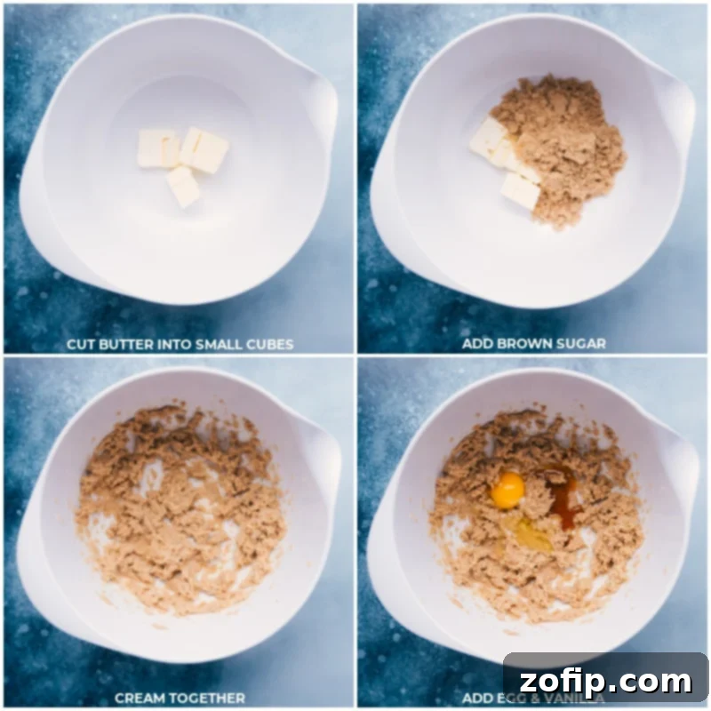 Preparing the Rich Chocolate Cookie Dough Base Process shots of butter, sugar, egg, and vanilla being creamed for Heath Bar Cookies