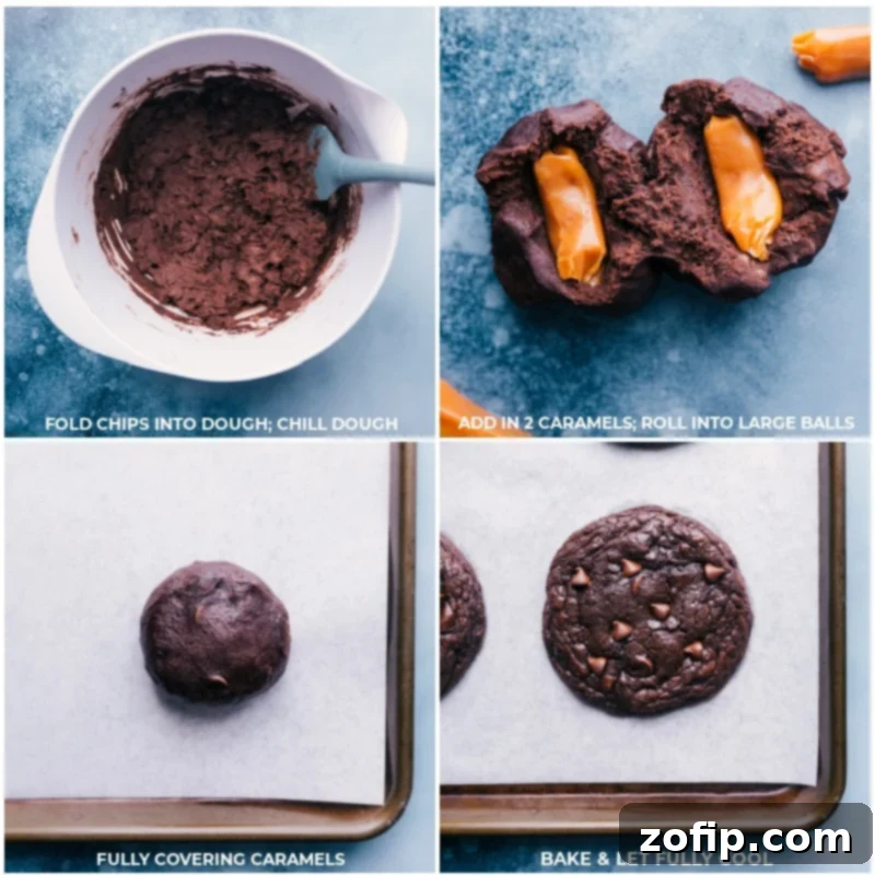 Stuffing Cookie Dough with Caramel for a Gooey Center Process shots of caramels being added to dough, rolled, and baked for Heath Bar Cookies