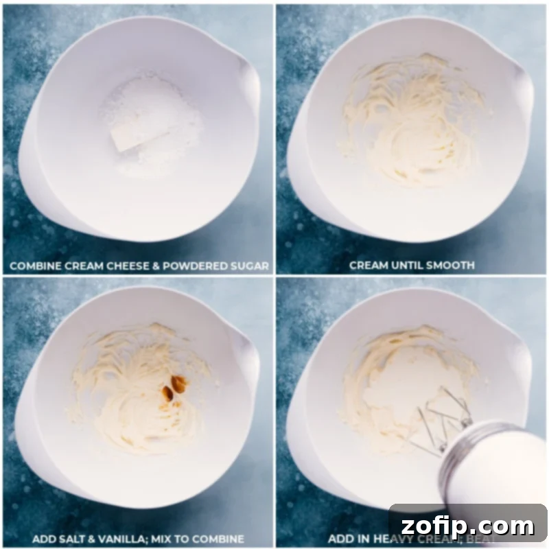 Making Fluffy Whipped Cream Frosting for Cookie Topping Process shots of preparing the whipped cream cheese frosting for Heath Bar Cookies