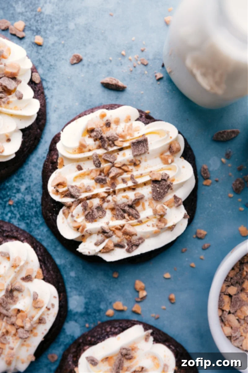 The Best Heath Bar Cookies: A Decadent Close-Up Up-close overhead image of finished Heath Bar Cookies with frosting and toffee
