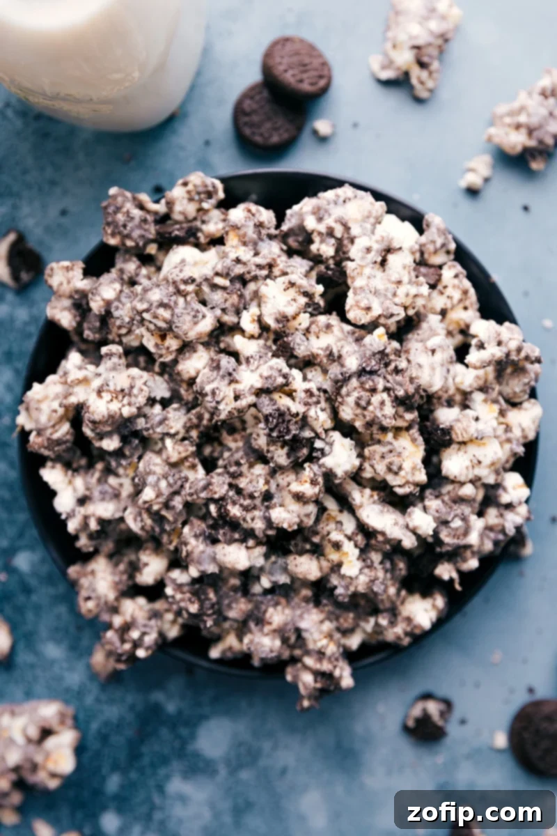 Overhead image of a large bowl filled with delicious Oreo Popcorn, ready for a movie night