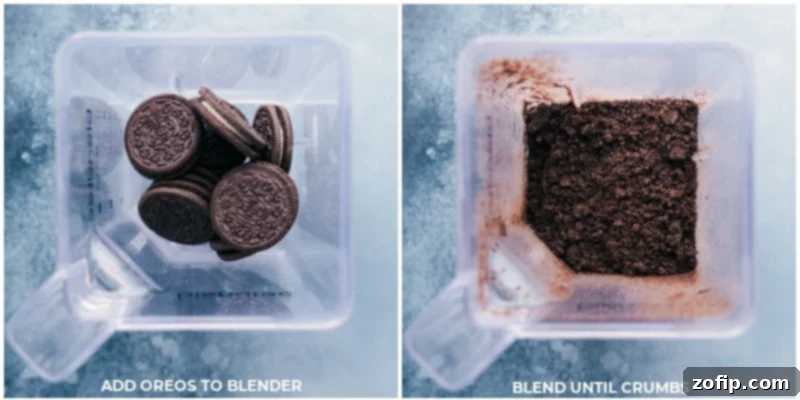 Process shot showing Oreo cookies being blended into fine crumbs in a food processor